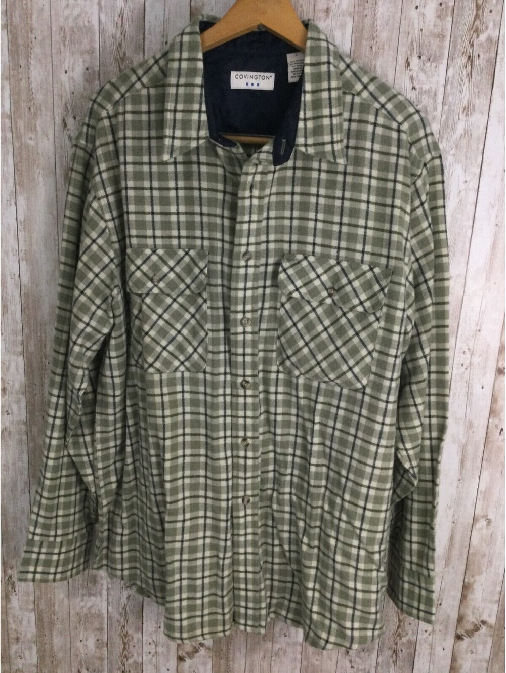 Vintage Covington Wool Blend Flannel Shirt Gray Cream Lumberjack Large NICE